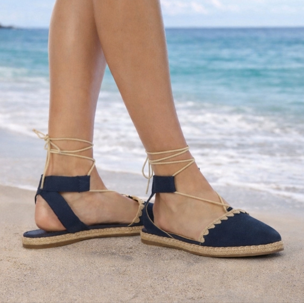 Nine West NEW Unah Coastal Mediterranean Denim Pointy Toe Flat Sandal 6.5M